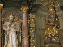 MS PAN Shot of altar with mother of god and child in church / Saarburg-Beurig, Rhineland Palatinate, Germany Stock Footage