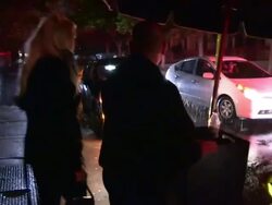 Hayley Hasselhoff as a Sexy Black Cat departing the 2014 Just Jared Halloween Party at No Vacancy in Hollywood Stock Footage