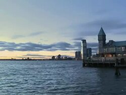 WS View of Jersey City skyline from Lower Manhattan at dusk  / New York City, New York, USA Stock Footage