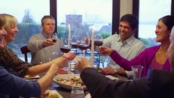 MS Group of family and friends toasting wine glasses at dinner table in home Stock Footage