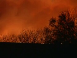 MS Night scene of lightning fire on prairie with intense smoke / Oklahoma, United States Stock Footage