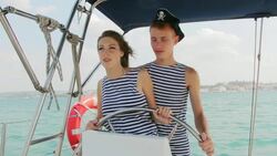Pirate crew at the helm of a yacht cruise Stock Footage