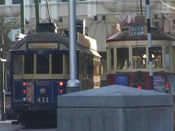 CU, New Zealand, Christchurch, Two trolleys on street Stock Footage