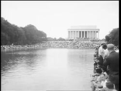 B/W August 28, 1963 wide shot huge crowd in Mall at March on Washington / Lincoln Memorial in background Stock Footage