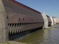 MS View of eidersperrwerk, Dithmarschen, North Sea / Tonning, Schleswig Holstein, Germany Stock Footage