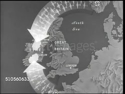 1944: MAP: Great Britain & Ireland, Highlighted arrows containing Axis aircraft out of Norway & France, arrows into soldiers, marking Allied airbases that could have saved many, US Airbases in Northern Ireland close to Axis spies from Dublin. Instructional Video