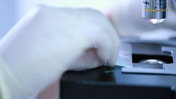 Researchers looking into a microscope, slow motion Stock Footage