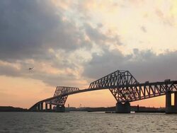 WS Evening view of Tokyo Gate Bridge and passenger aircraft / Koto, Tokyo, Japan   Stock Footage