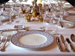 Elegant candlelight dinner table at a reception in manor house Stock Footage