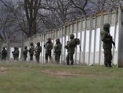 Russian Military Gather Outside Ukrainian Military Base At Perevalnoe Stock Footage