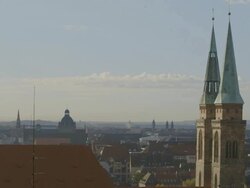 MS Shot of church tower with city skyline / Nuremberg, Bavaria, Germany Stock Footage