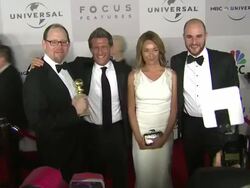 Jeffrey Levy-Hinte, Gary Gilbert, Celine Rattray, Jordan Horowitz at the NBC Universal's 68th Annual Golden Globes After Party at Beverly Hills CA. (Footage by WireImage Video/GettyImages) Stock Footage