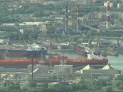 Shipyard in Gdansk - ships in docks, port. Stock Footage