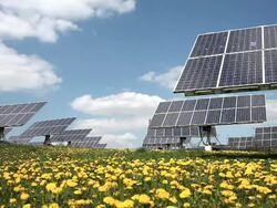 Solar park in spring time lapse Stock Footage