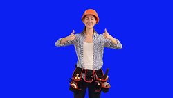 beautiful young girl builder shows a copy space Stock Footage