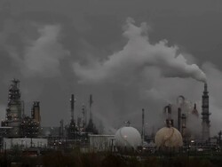 Oil Refinery Horizontal Smoke Stock Footage