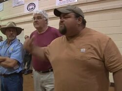 Angry Fishermen Confront BP at Town Meeting Stock Footage
