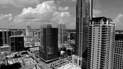 Very Close Aerial Downtown Austin Texas Tall Skyscrapers in Black and white Stock Footage
