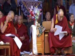 MS TU Dalai Lamagoing through  speech pages at his 70th birthday celebration AUDIO / Dharmasala, Himachal Pradesh, India Stock Footage