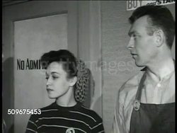 1944: FACTORY EMPLOYEES LAID OFF: DRAMATIZATION: INT MS Employees at payroll window line. VS Employees talking '...laid off & I had to be one of them.' MS Man, worker, 'We all knew it had to come some time.' Layoff, unemployment, USA Instructional Video