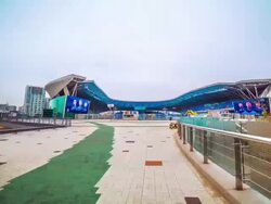 MS POV T/L View of Incheon Sungui Soccer Stadium / Incheon, South Korea Stock Footage