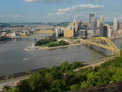 WS View of Pittsburgh Pennsylvania from Mt Washington hill looking at Golden Triangle and city skyscrapers where three rivers / Pittsburgh, Pennsylvania, United States Stock Footage