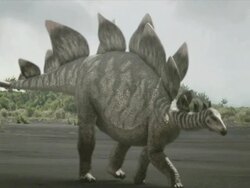 Medium pan-right zoom-in - A stegosaurus passes through a volcanic region in a computer-generated animation. / Denver, Colorado, USA Stock Footage