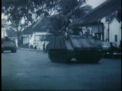 1963 B/W MONTAGE South Vietnamese army tanks entering city streets at the time of Diem's assassination / South Vietnam Stock Footage