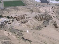 Aerial the ruins of Qumran in the Judea Desert near the Dead sea, Israel, Qumran Stock Footage
