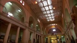 The gallery of a museum houses Ancient Egyptian artifacts. Stock Footage