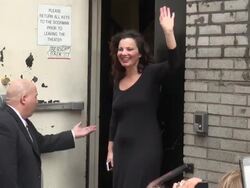 Fran Drescher waves to fans outside of the Broadway Theater for her Broadway play Cinderella Stock Footage