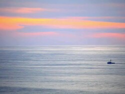 HD fishing boat on ocean sunset Stock Footage