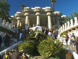 MS TU Shot of People walking on stairs of Guell park entrance / Barcelona, Catalonia, Spain Stock Footage