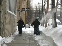 WS Man snowblowing sidewalk during winter / New York City, New York, USA Stock Footage