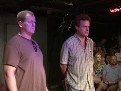PERFORMANCE:  Ian Roberts and Matt Besser joke with a documentarian that she'll have to get photos of them from Getty Images at 14th Annual Del Close Improv Comedy Marathon Press Conference Stock Footage