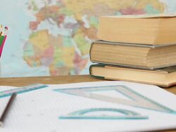 School classroom desk scene Stock Footage