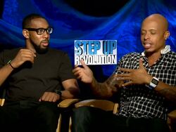 Stephen 'tWitch' Boss & Jamal Sims on working together at the 'Step Up Revolution' Junket, 07/20/12 Stock Footage