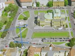WS AERIAL ZI View over National theatre / Zagreb, Croatia Stock Footage