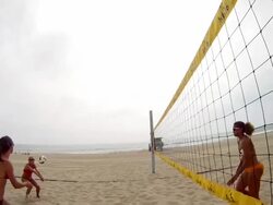 WS POV SLO MO Women playing beach volleyball / Redondo Beach, California, United States Stock Footage