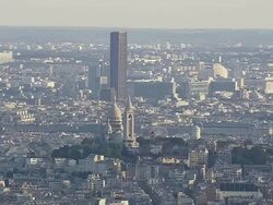 WS AERIAL ZI View of Sacre Coeur with Tour Montparnasse behind / Paris, France Stock Footage
