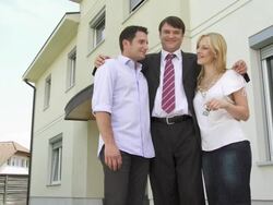 HD DOLLY: Portrait Of A Realtor And New Homeowners Stock Footage