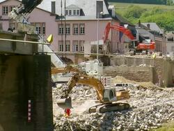 WS deconstruction of bridge over river Mosel / Wellen, Rhineland Palatinate, Germany Stock Footage