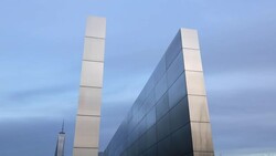 The Empty Sky Memorial to 9/11 victims in Liberty State Park, NJ with One World Trade Center in New York in distance, NY, USA Stock Footage