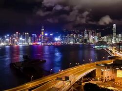 T/L WA The Hong Kong skyline and harbor Stock Footage