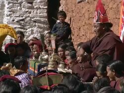 CU TD Lama praying at saldang gompa monastery at tibetan buddhist ceremony / Saldang village, High Himalayas, Upper Dolpo near Tibetan border, Nepal Stock Footage