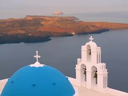 WS View of church in Firostefani with island in Ocean / Santorini, Cyclades, Greece Stock Footage