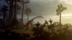 A computer program analyzes running dinosaurs; a Quetzalcoatlus takes flight in a jungle; a computer-generated anatomical model features the muscular system of a Quetzalcoatlus. Stock Footage