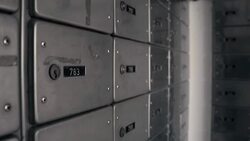 Storage with safe lockers. Taking a key from keyhole Stock Footage