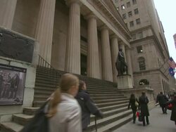 WS People passing by Federal Hall National Memorial / New York City, New York, USA Stock Footage