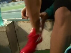 Jessica Ennis tries new adidas spikes Stock Footage